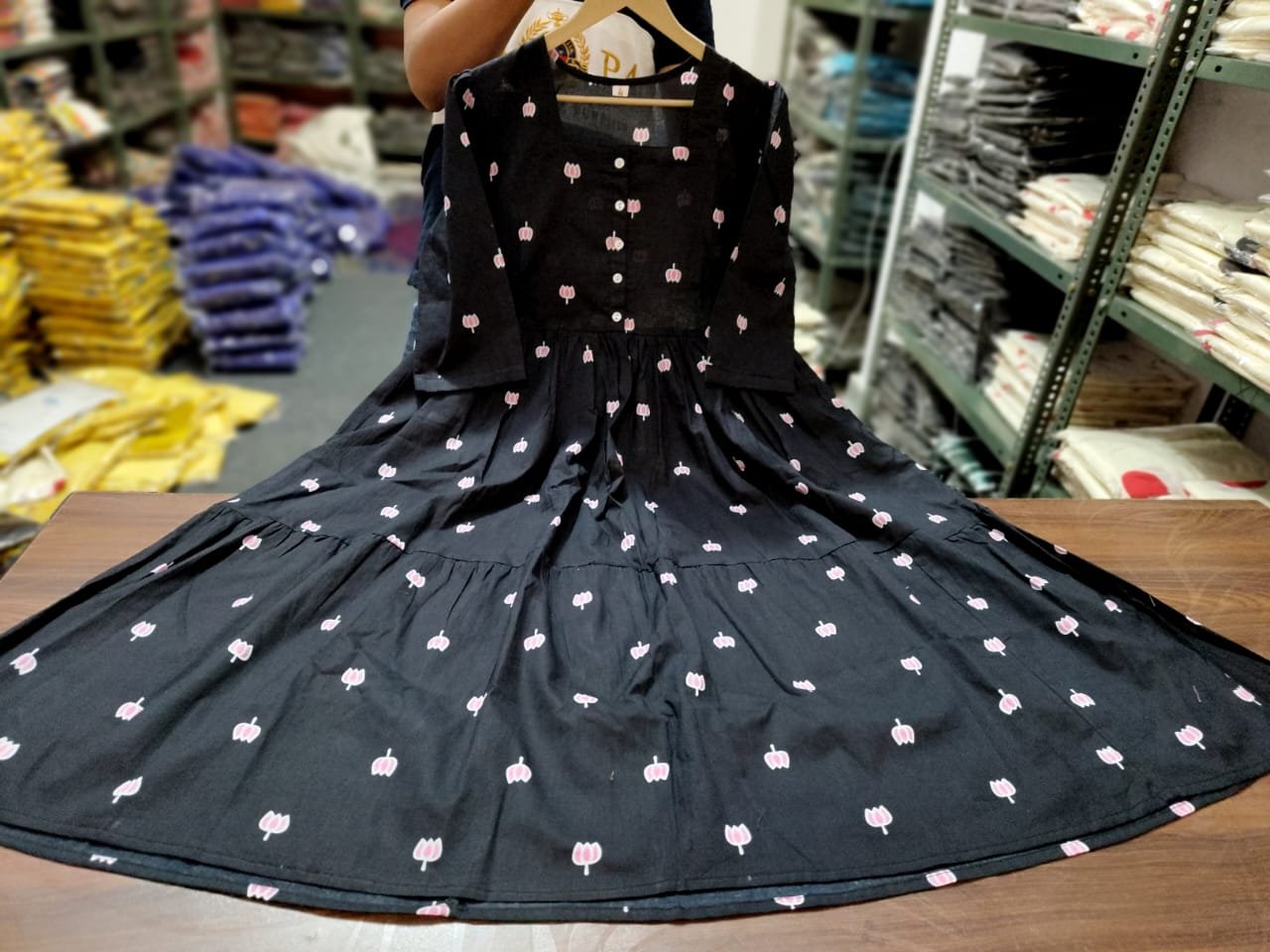 Black Lotus Print Pure Cotton Midi Gown